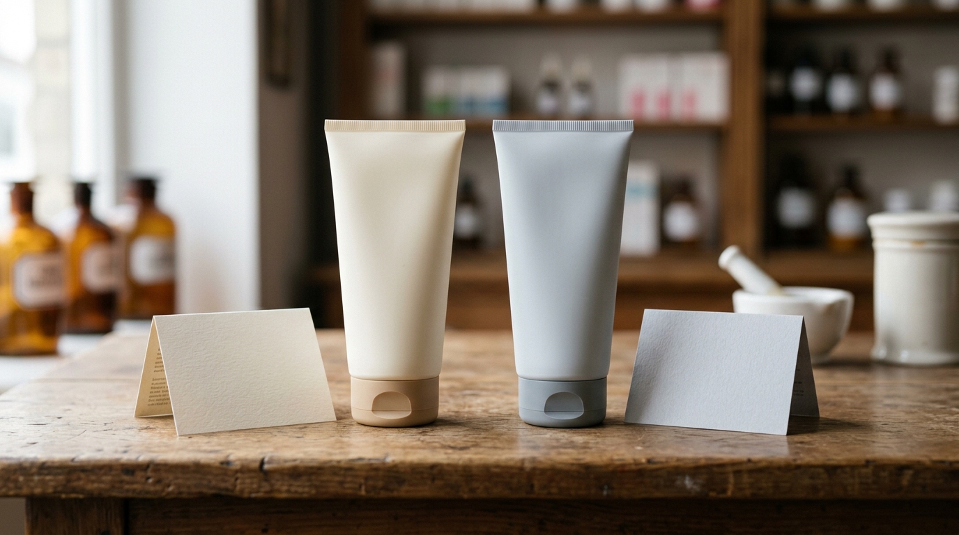 Blank sunscreen packages arranged for a US and Europe label comparison