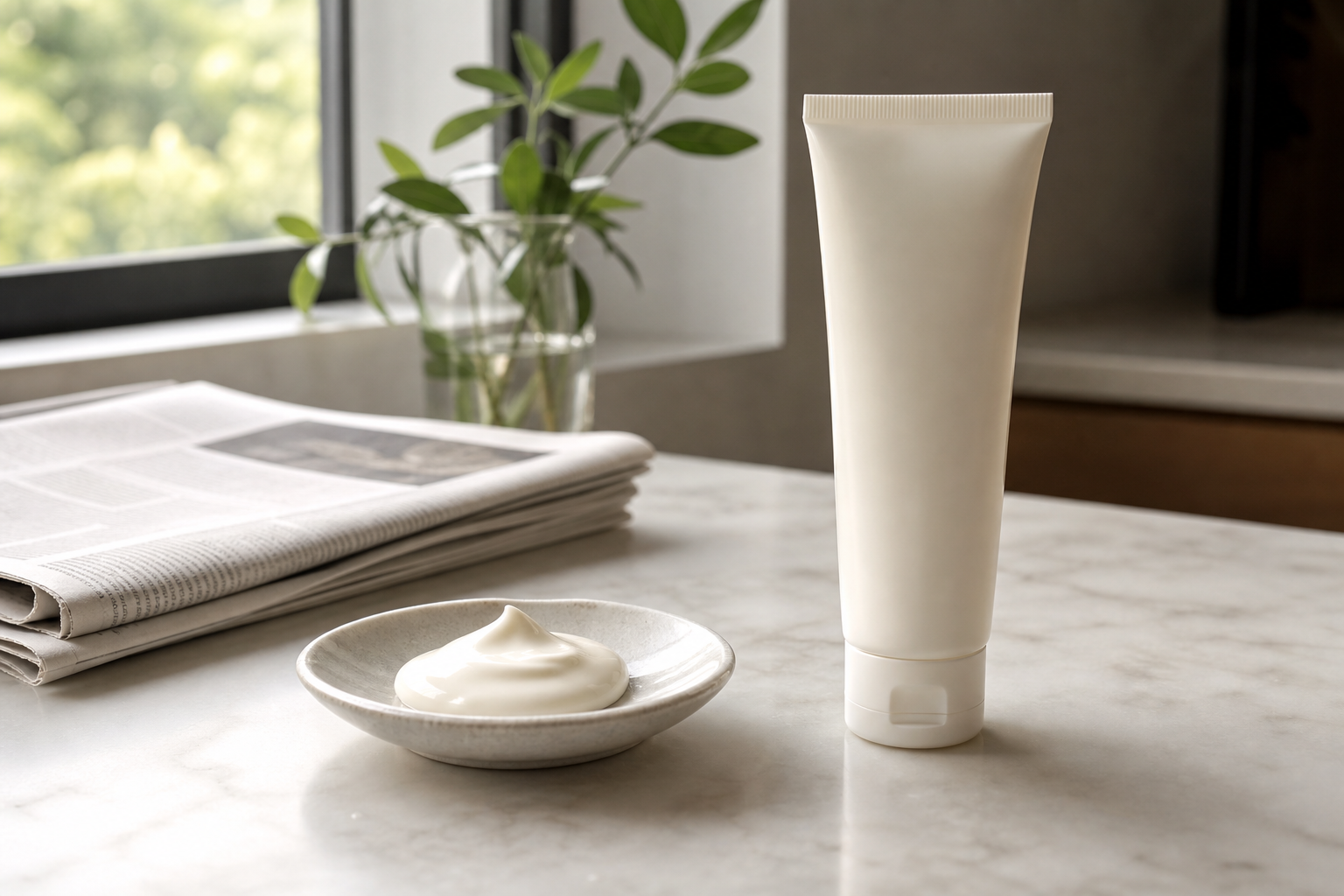 Unbranded sunscreen tube and lotion beside a newspaper for a viral claim explainer