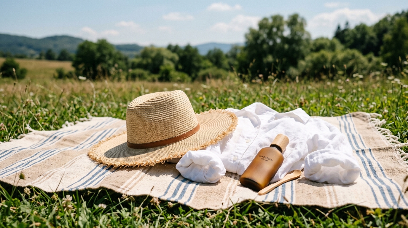 Sunscreen and sun hat arranged on a picnic blanket for a daily protection illustration