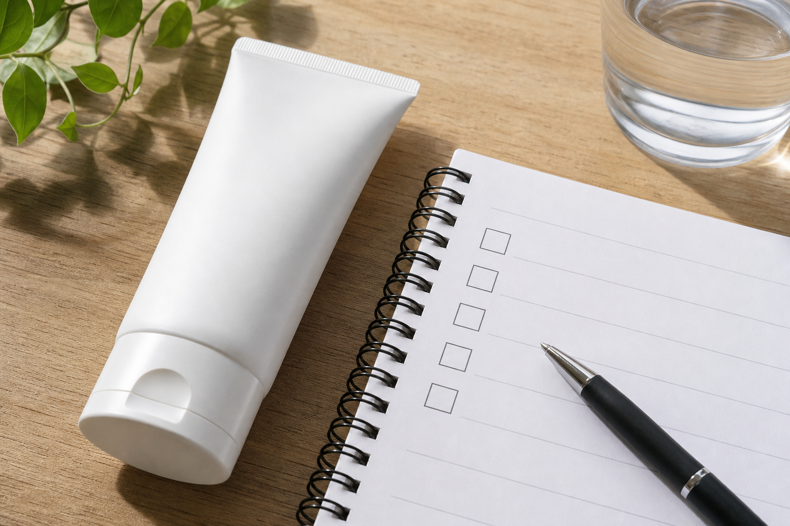 Unbranded sunscreen tube beside a blank evidence checklist and pen
