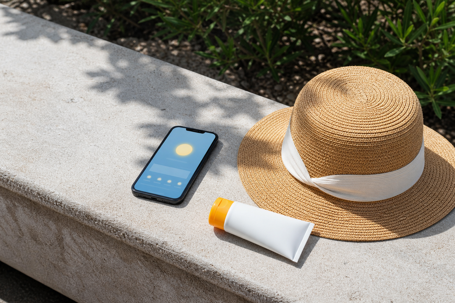 Phone, sun hat and sunscreen in bright sunlight for a UV index explainer