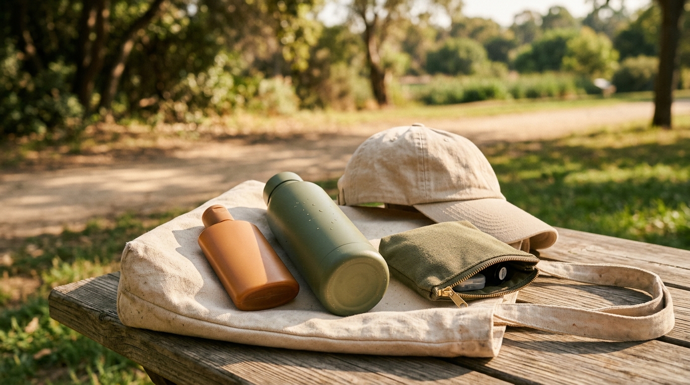 Sunscreen, water bottle and hat arranged in an outdoor day bag