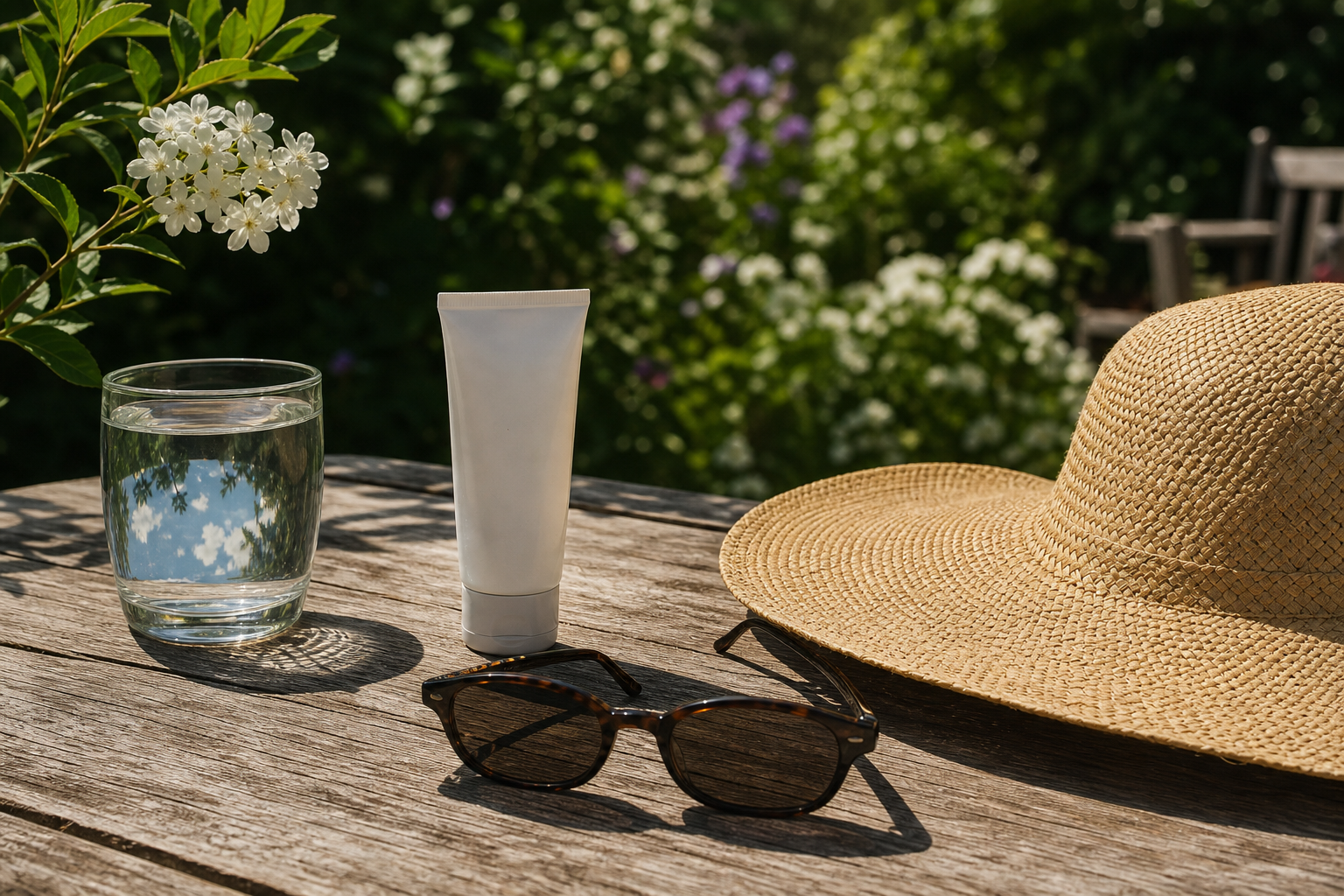 Hat, sunglasses and sunscreen casting crisp midday shadows on a garden table